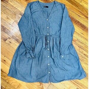 Gap Womens Blue Chambray Long Sleeve Drawstring Shirt Dress 8 Pockets V Neck